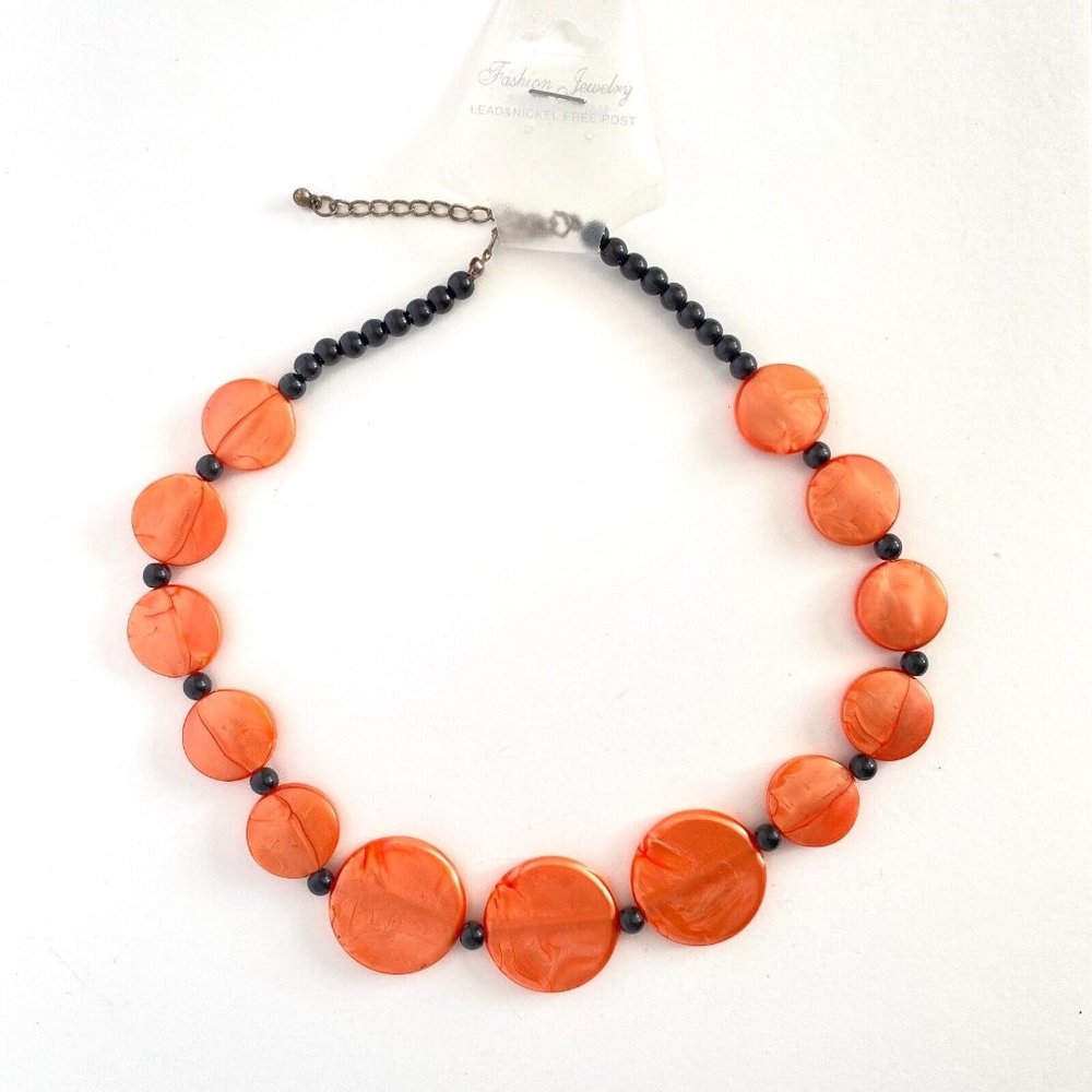Orange Coin Black Beads Fashion Plastic Necklace Adjustable 18-21"
